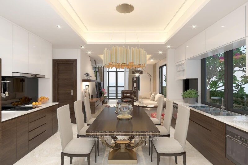 . Tủ bếp gỗ Laminate có phong cách hiện đại, mặt bếp được ốp bằng đá nhân tạo solid sorface LG cao cấp, không bị thấm nước giúp cho bề mặt luôn sạch sẽ. Quá trình lau chùi cũng diễn ra nhanh hơn.