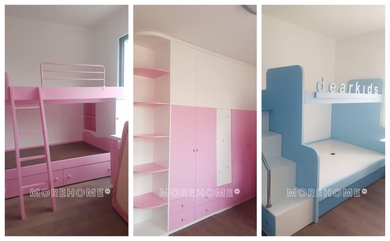 Việc thi công nội thất phòng trẻ em gỗ công nghiệp hiện đại cho cả bé trai và bé gái tại căn hộ chung cư Imperia Sky Garden Hà Nội đã được thực hiện.